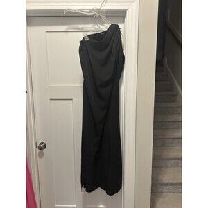 Women's Black One Shoulder Long Dress Formal Wedding Front Split Woven Large